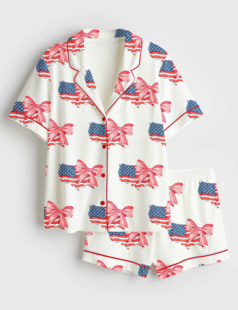 Women’s 4th Of July Coquette American Flag Patriotic Print Short Sleeve Satin Pajama Set