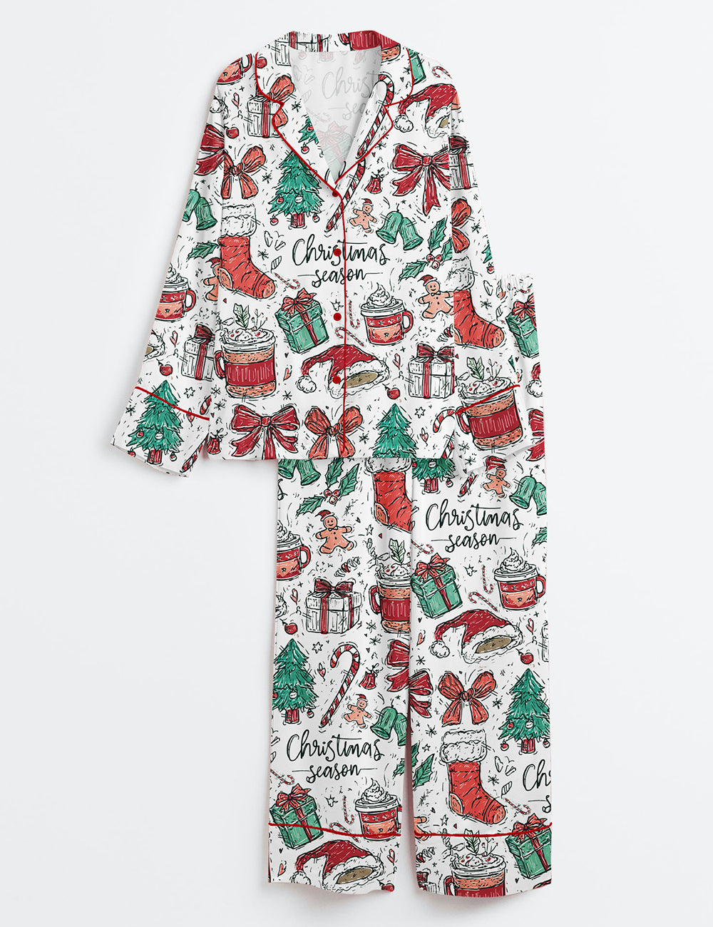Women’s Coquette Christmas Bow Preppy Girly Christmas Season Long Sleeve Satin Pajama Set