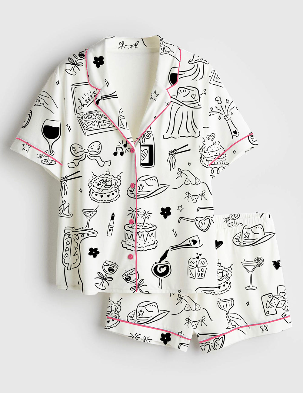 Women’s Hand Drawn Bachelorette Whimsical Girls Night Bach Party Print Short Sleeve Satin Pajama Set