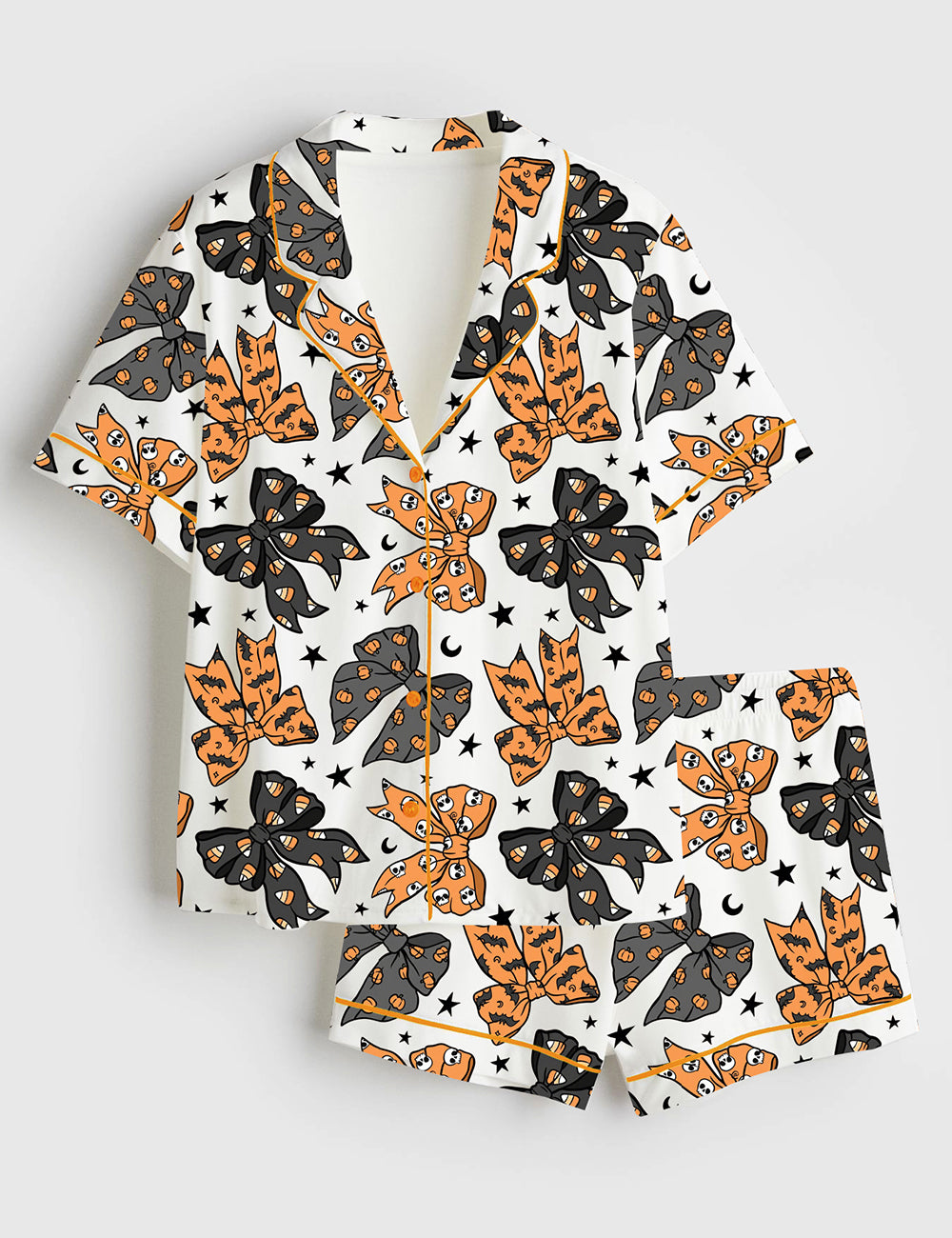 Women’s Halloween Bows Skeletons Pumpkins And Bats Short Sleeve Satin Pajama Set