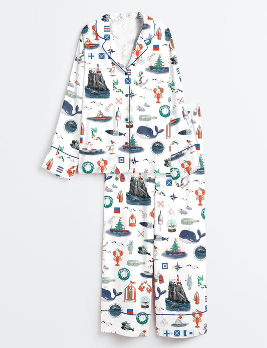 Women’s Coastal Nautical Christmas Watercolor Ocean Sea Beach Holiday Long Sleeve Satin Pajama Set