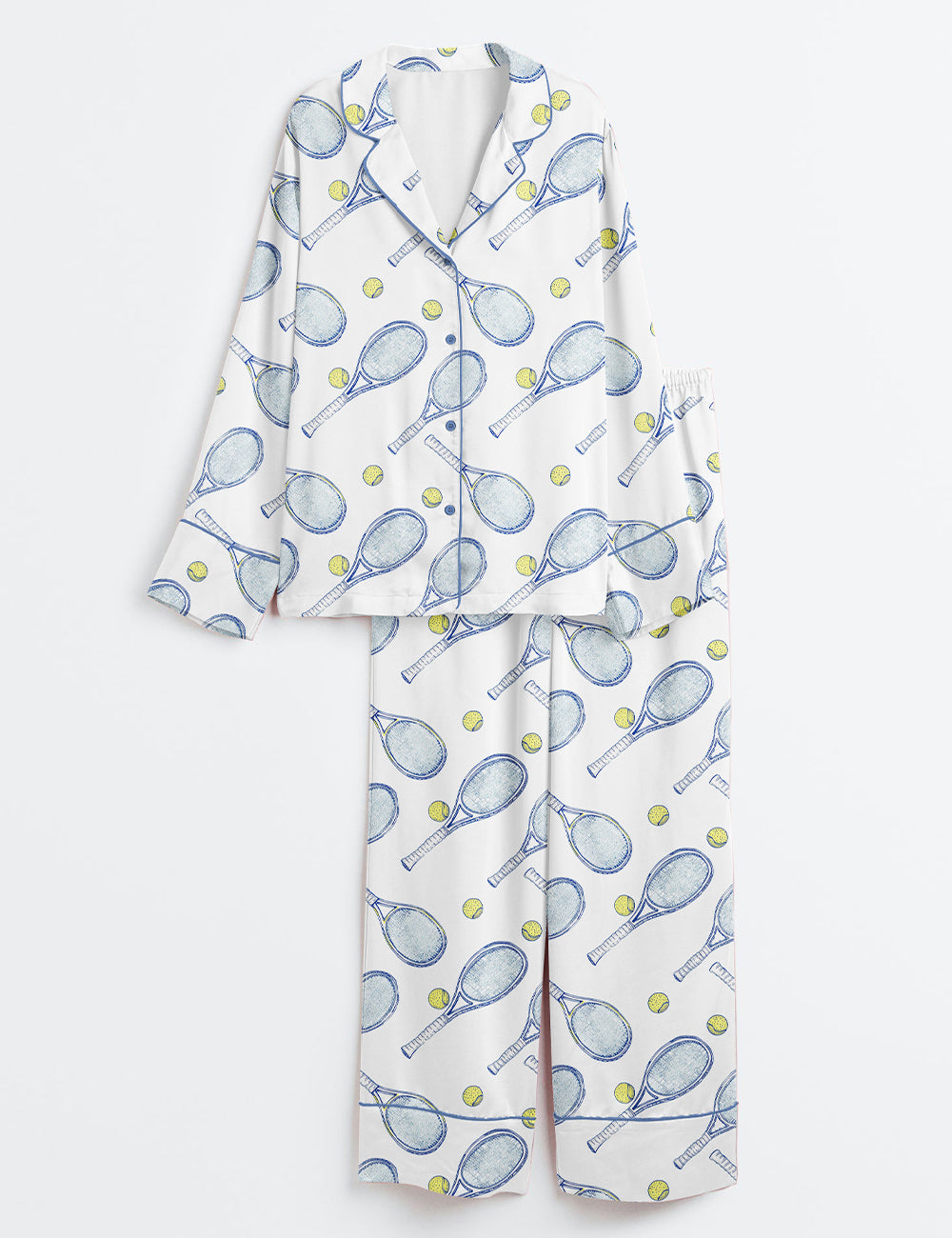 Women’s Tennis Rackets And Balls Long Sleeve Satin Pajama Set