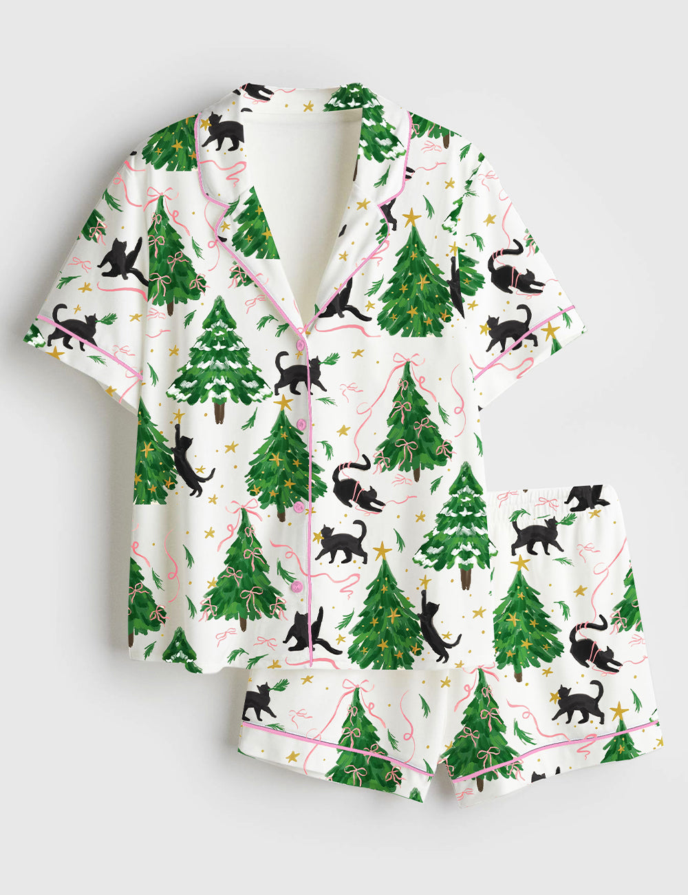 Women’s Christmas Tree Cat Short Sleeve Satin Pajama Set
