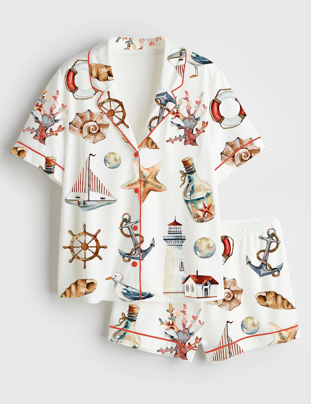 Women’s Watercolor Sea Illustrations Short Sleeve Satin Pajama Set