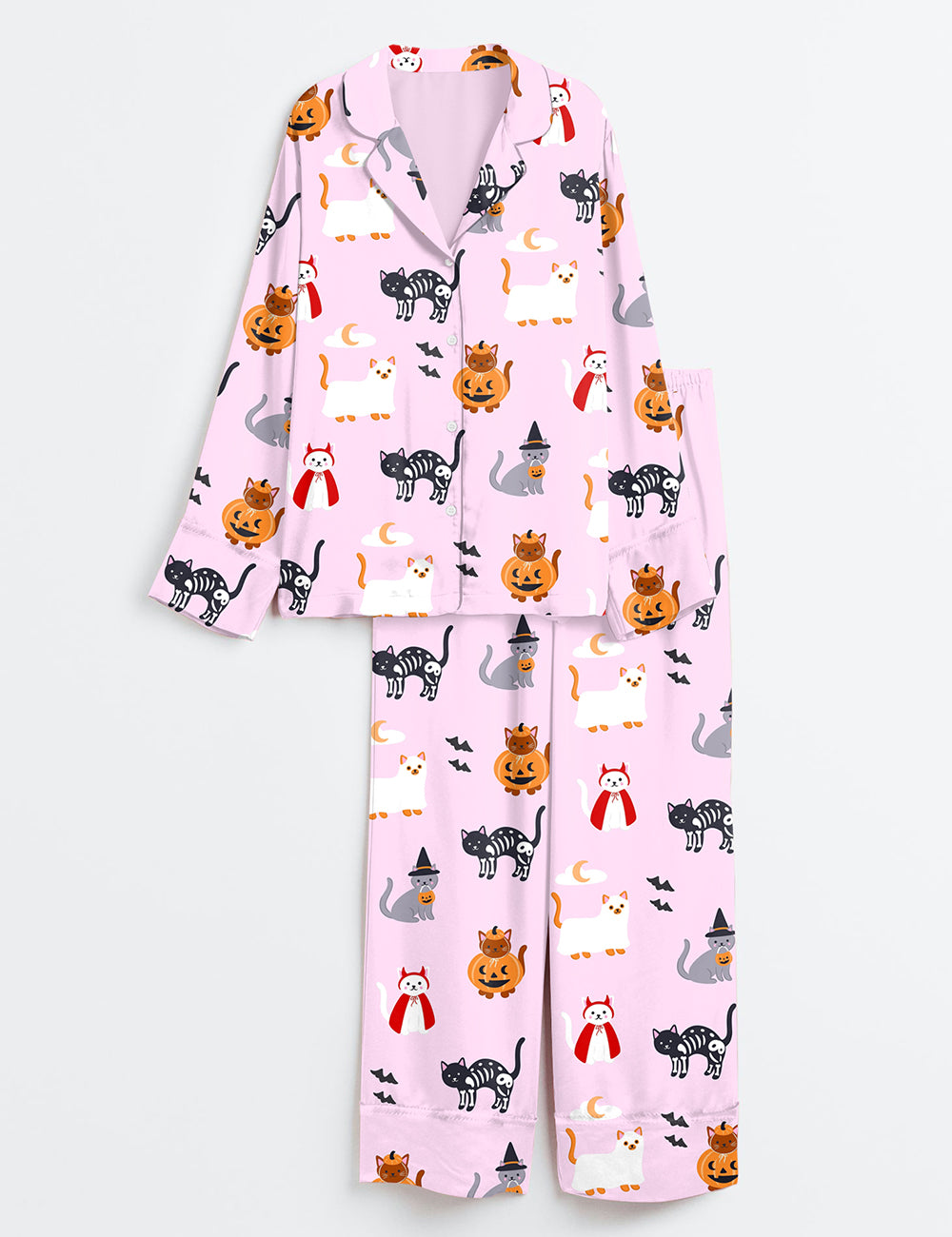 Women’s The Lil Ghostie Cat Pumpkin Halloween Long Sleeve Satin Pajama Set