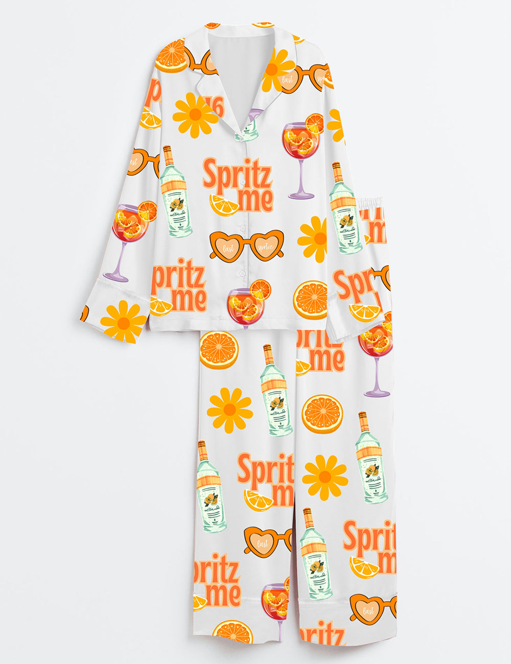 Women’s Last Spritz As A Miss Aperol Spritz Bachelorette Spritz Me Orange Party Print Long Sleeve Satin Pajama Set