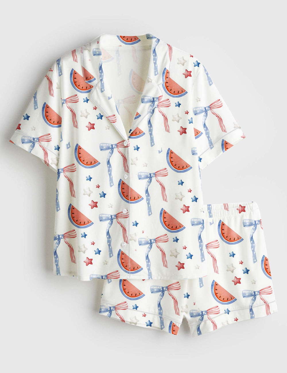 Women’s Watermelon Bow Stars And Stripes Independence Day The 4th Of July Red White Blue Short Sleeve Satin Pajama Set