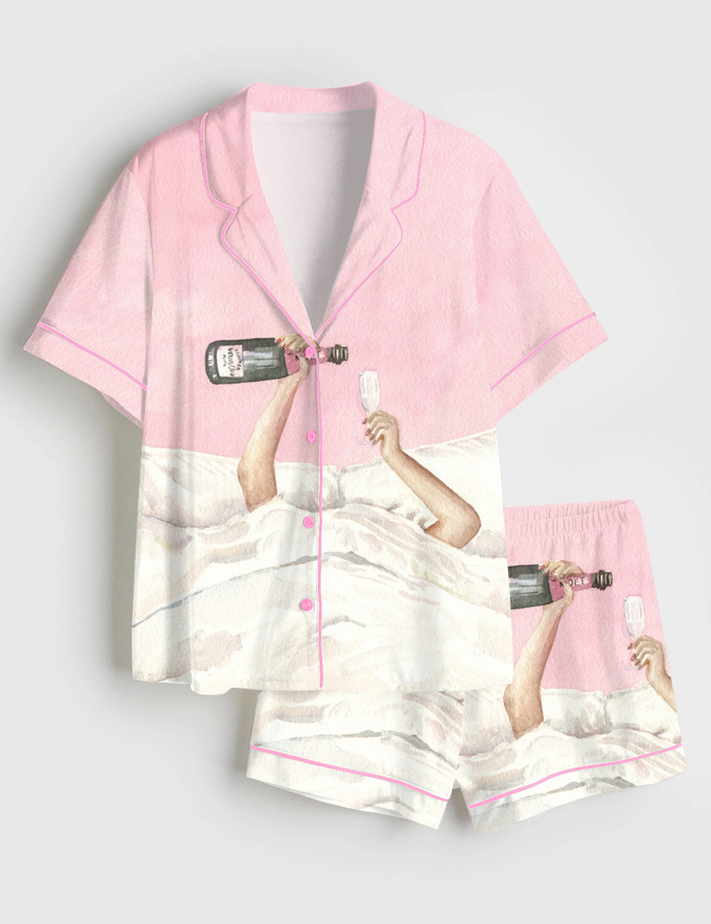 Women’s Pink Champagne Bottle Watercolor Cocktail Short Sleeve Satin Pajama Set
