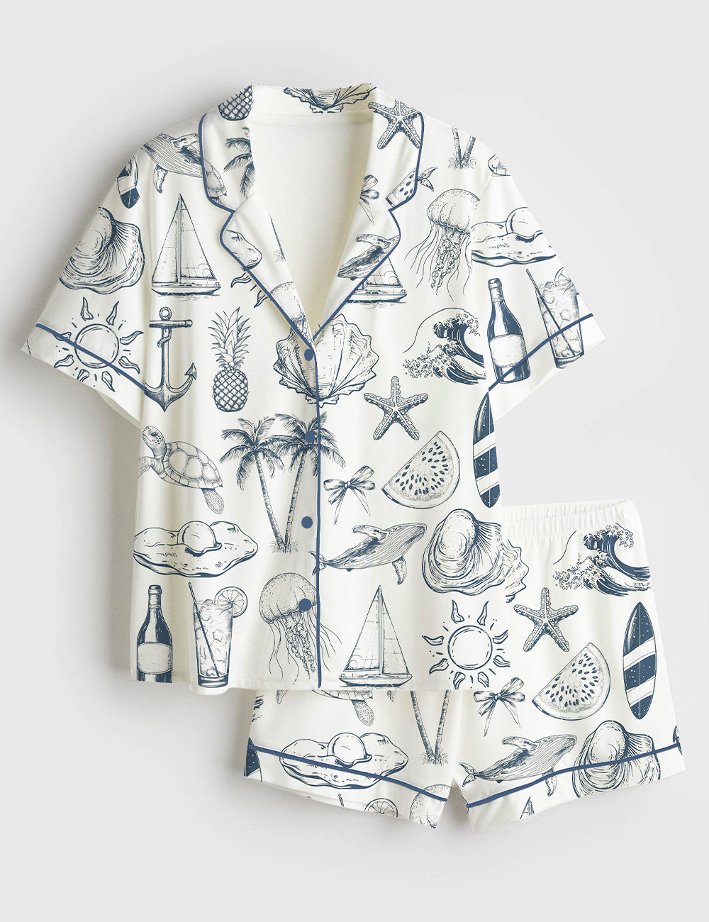 Women’s Vintage Coastal Nautical Hand Drawn Sea Life Retro Summer Beach Print Short Sleeve Satin Pajama Set