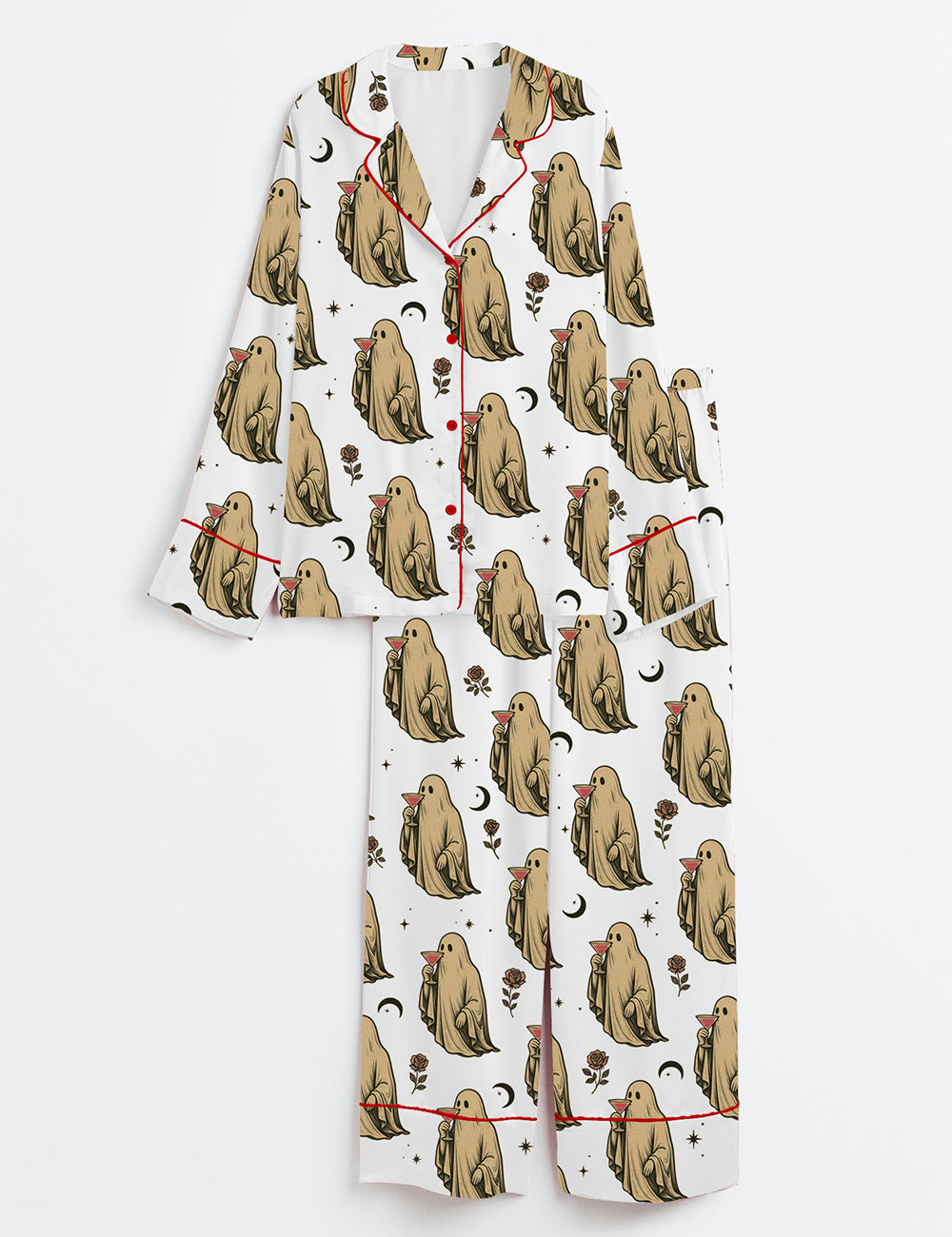 Women’s Halloween Ghost Cocktail Cosmopolitan Long Sleeve Satin Pajama Set