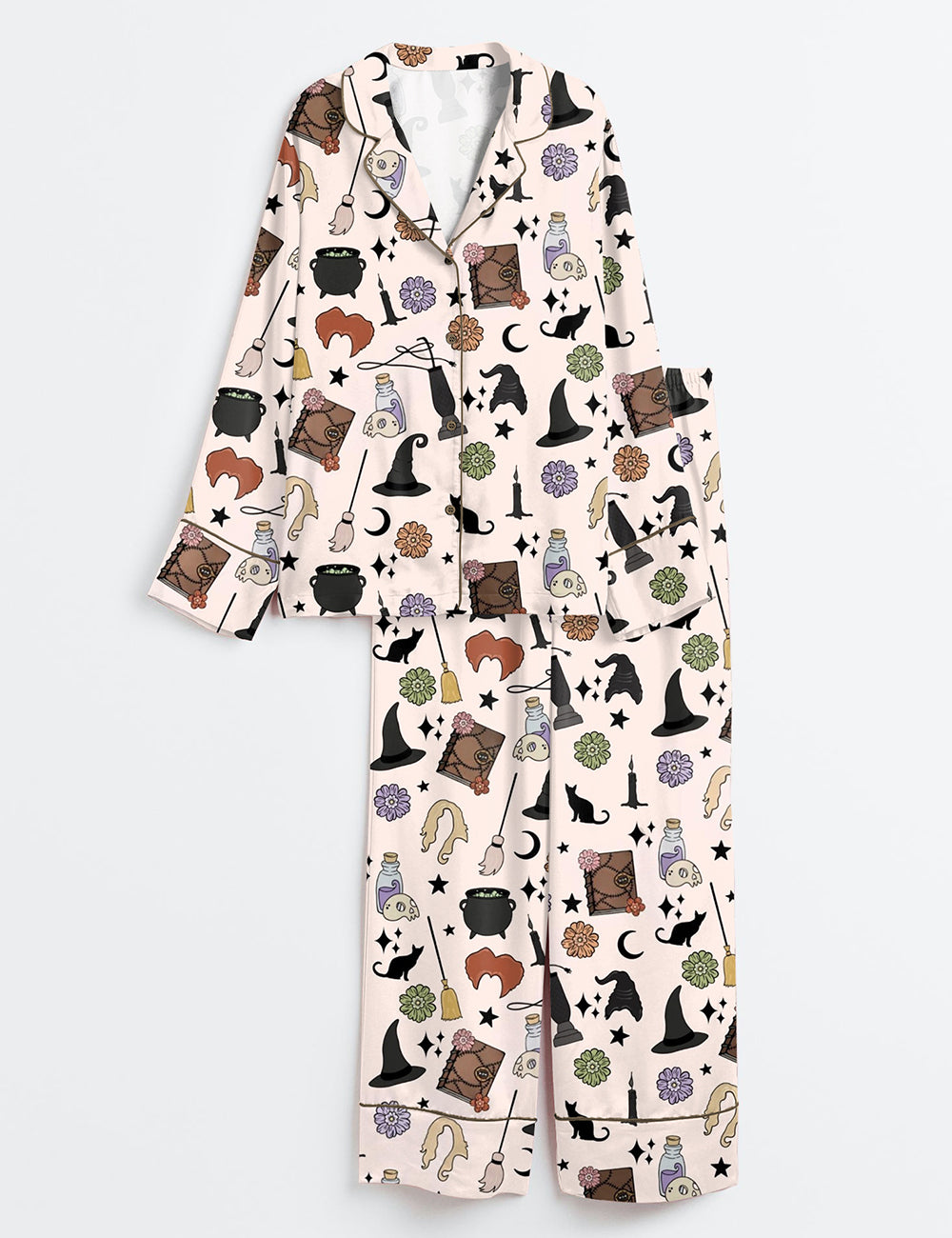 Women’s Halloween Witches Black Cat Long Sleeve Satin Pajama Set