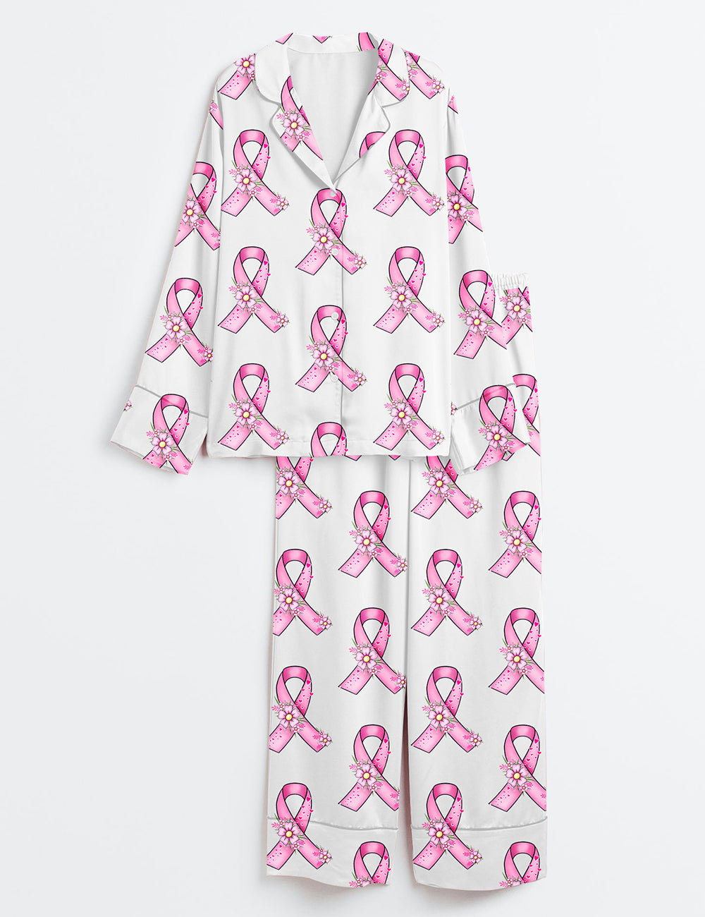 Women’s Pink Ribbon Breast Cancer Awareness Garden Flowers Faith Hope Love Print Long Sleeve Satin Pajama Set