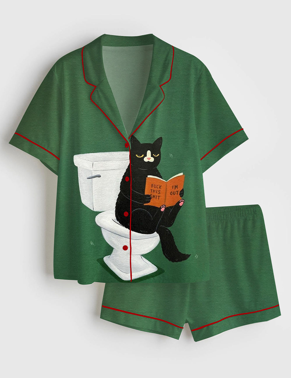 Women’s Black Cat Reading On The Toilet Short Sleeve Satin Pajama Set