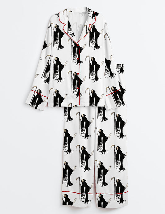 Women’s Skeleton And Ghost Halloween Long Sleeve Satin Pajama Set