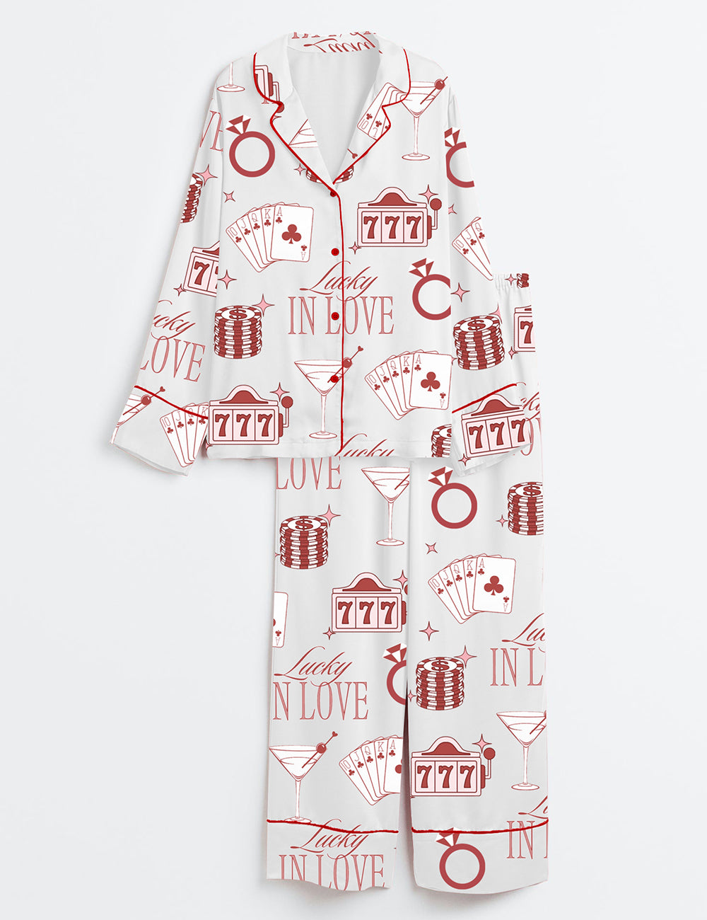 Women’s Lucky In Love Bachelorette Casino Bachelorette Party Los Vegas Bachelorette Martini Print Long Sleeve Satin Pajama Set