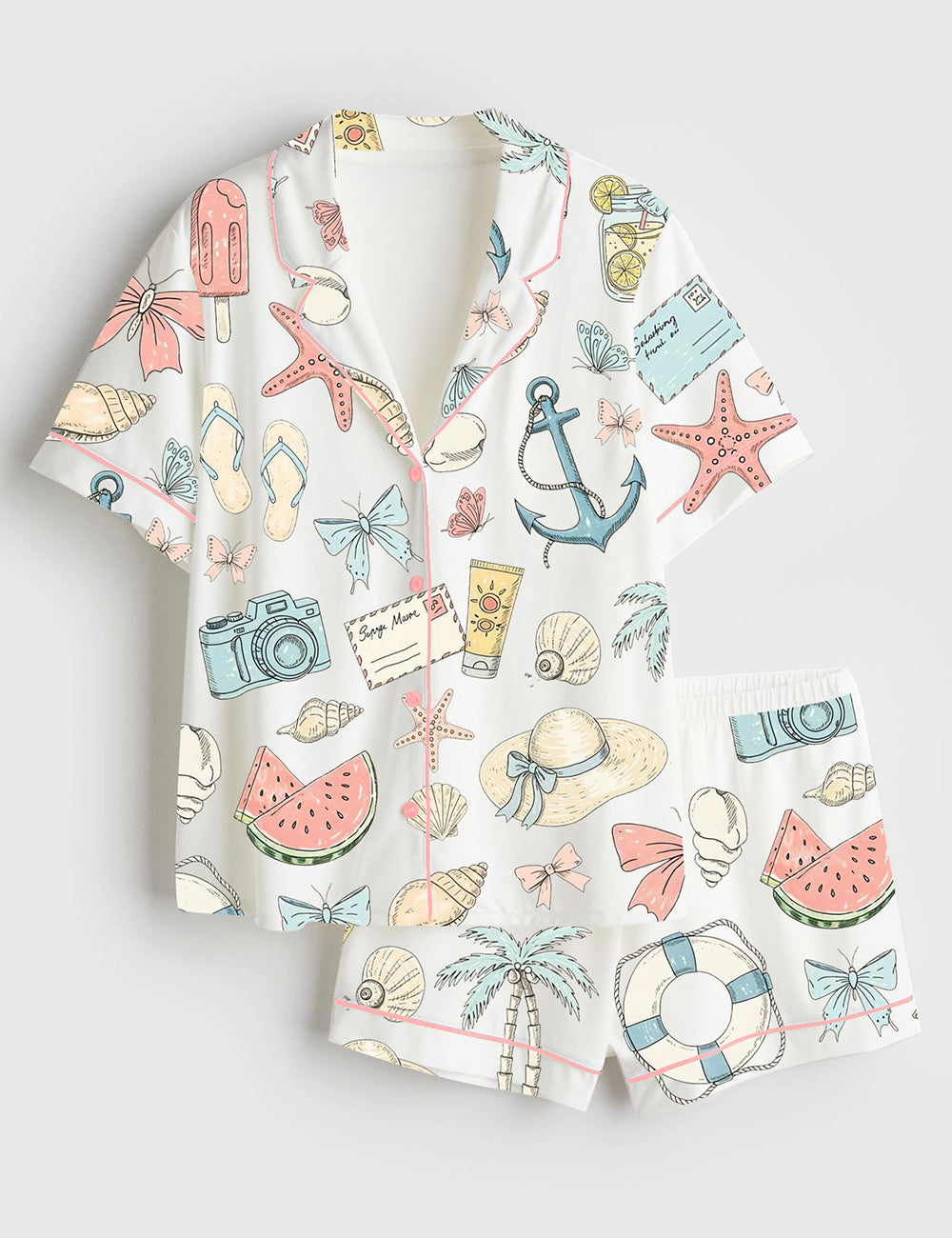 Women’s Coastal Coquette Seashell Summer Vibes Beach Print Short Sleeve Satin Pajama Set