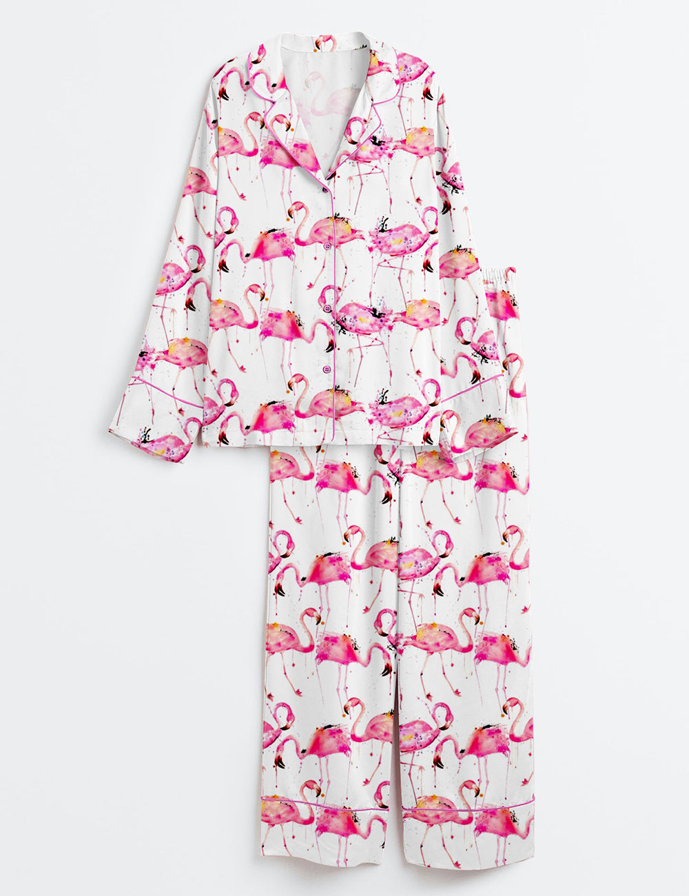 Women’s Flamingos Making A Splash Pink lamingo Print Long Sleeve Satin Pajama Set