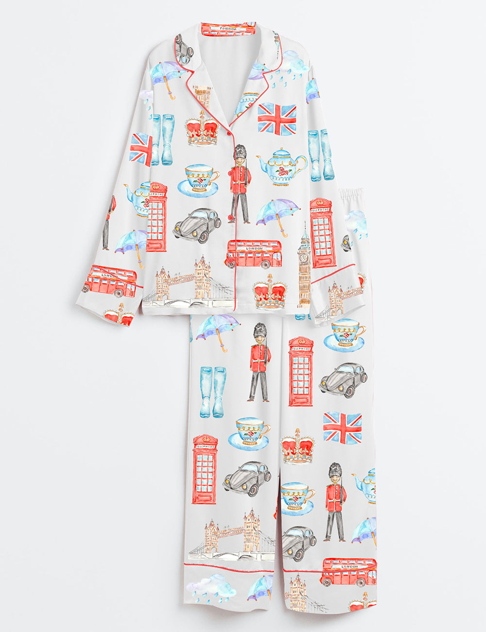 Women’s Watercolor London Art City Bus Sightseen Bridge Telephone Long Sleeve Satin Pajama Set