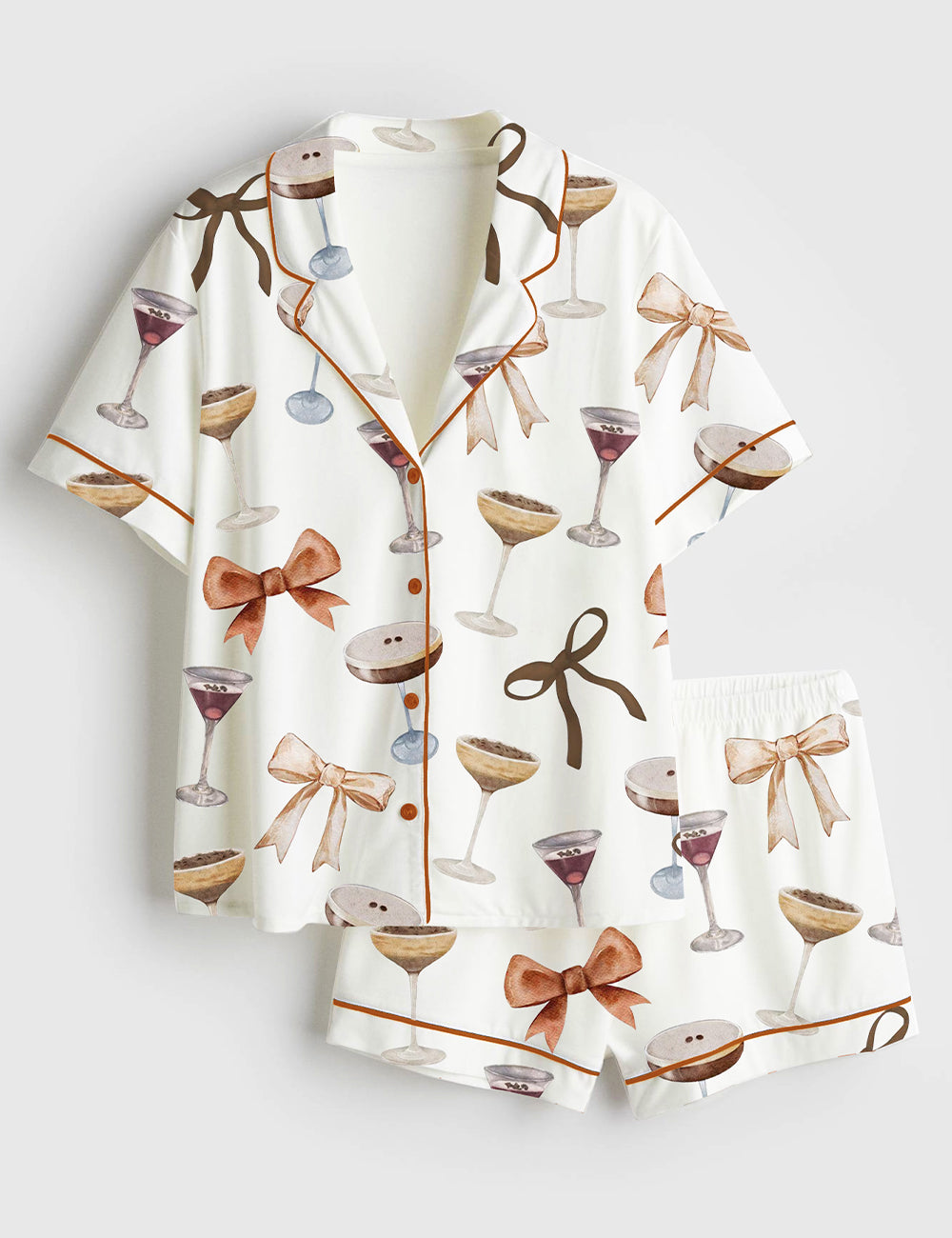 Women's Espresso Martini Coquette Bow Short Sleeve Satin Pajama Set