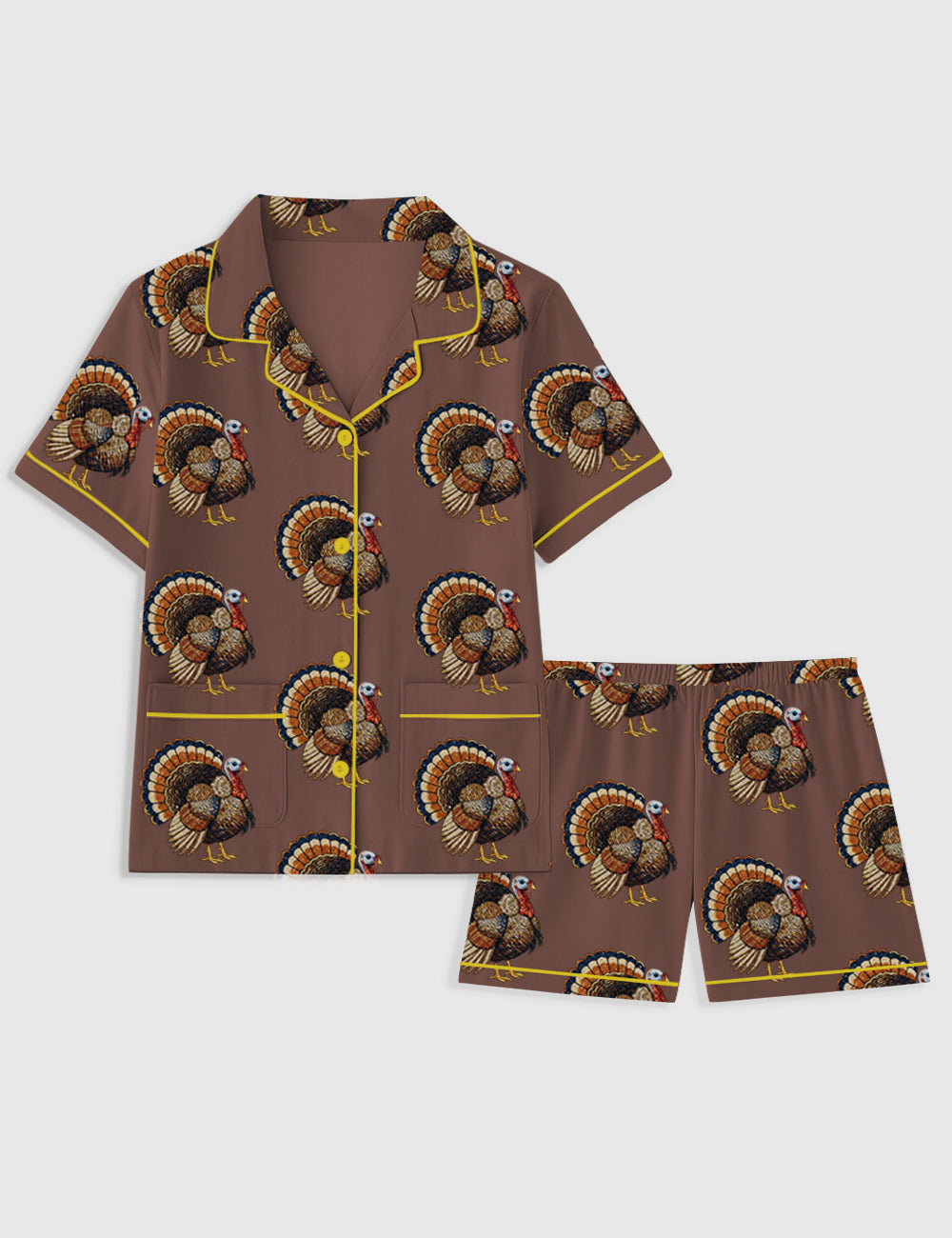 Women's Rhinestone Turkey Thanksgiving Cozy Autumn Short Sleeve Pocket Cotton Pajama Set