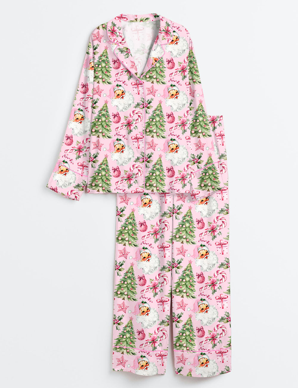 Women’s Pink Christmas Santas And Trees Long Sleeve Satin Pajama Set