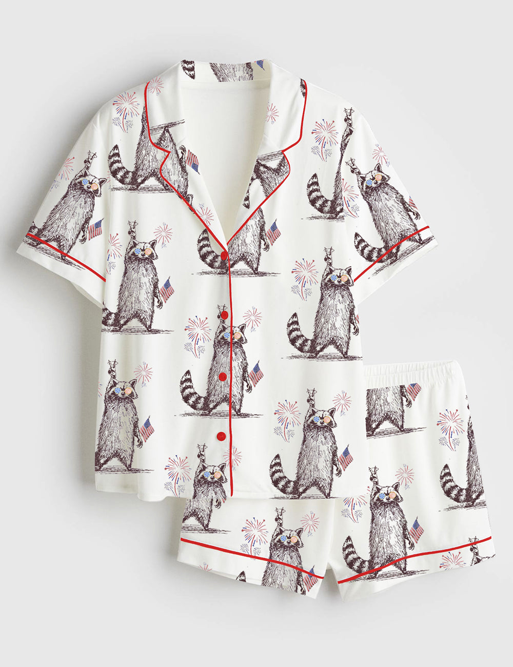 Women’s Feral But Free Fireworks Summer Raccoon 4th Of July Print Short Sleeve Satin Pajama Set