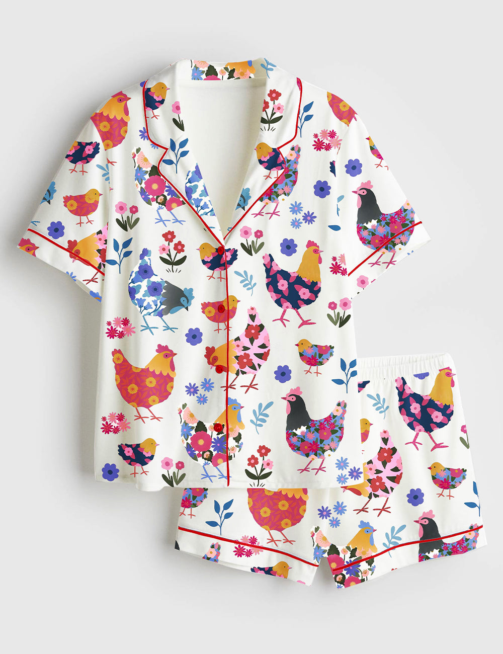Women’s Flowers Chickens Lovers Short Sleeve Satin Pajama Set