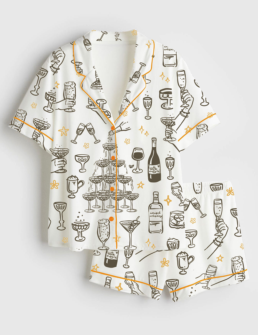 Women’s Whimsical Cheers Drinks And Cocktails Chamagne Tower Raised Glasses Short Sleeve Satin Pajama Set
