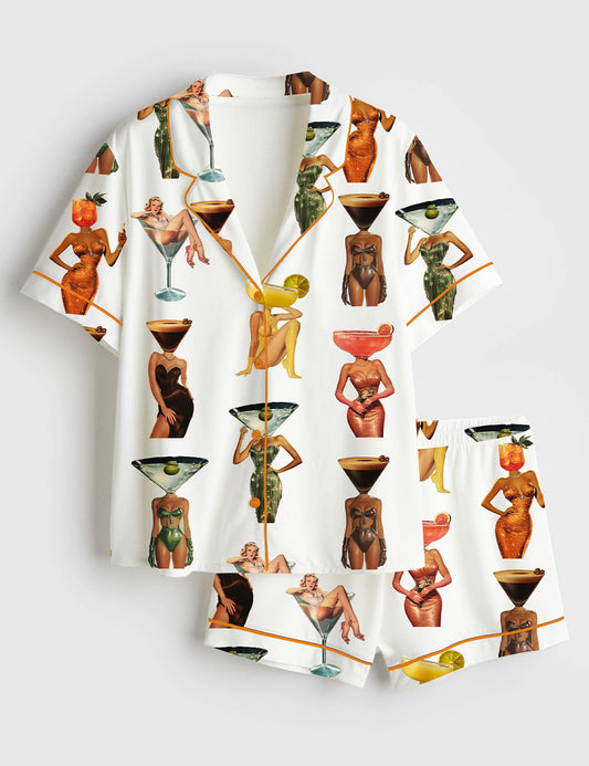Women’s Cocktail Espresso Martini Aesthetic Coquette Short Sleeve Satin Pajama Set