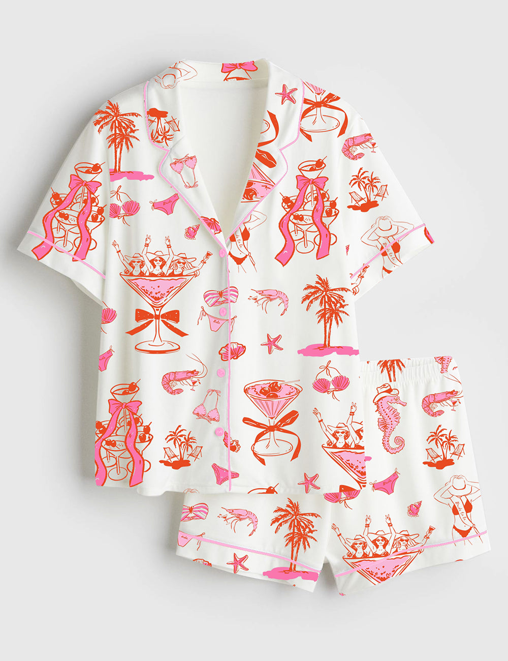 Women’s Bikinis And Martinis Bachelorette Coastal Hen Party Woman In Martini Glass Print Short Sleeve Satin Pajama Set