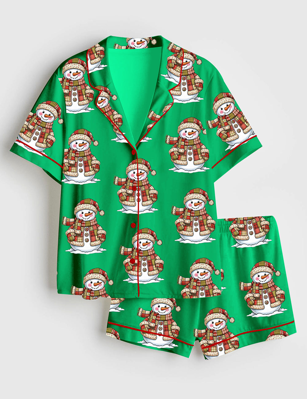 Women’s Patchwork Snowman Merry Christmas Short Sleeve Satin Pajama Set