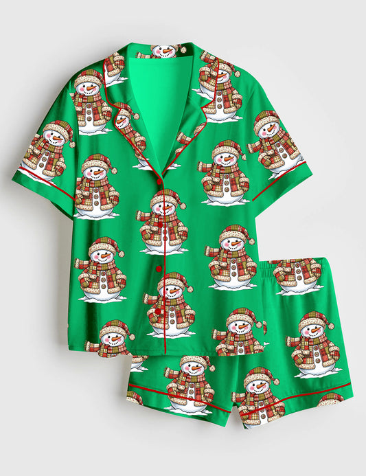 Women’s Patchwork Snowman Merry Christmas Short Sleeve Satin Pajama Set