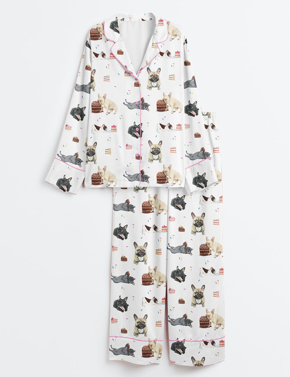 Women’s French Bulldog Birthday Gift Birthday Cake Cute French Bulldog Print Long Sleeve Satin Pajama Set