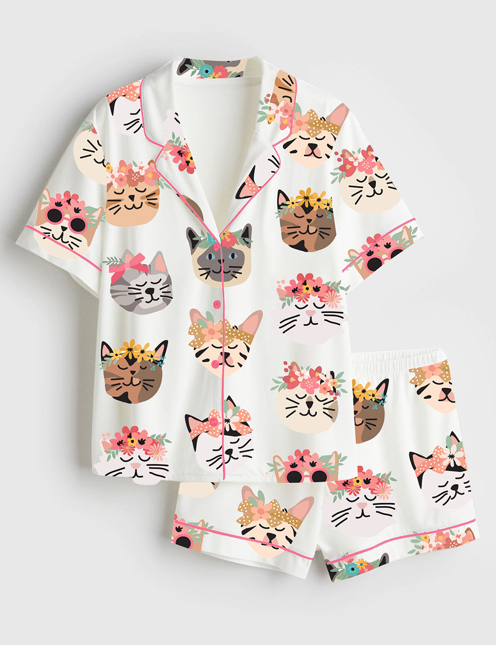 Women’s Flower Cat Short Sleeve Satin Pajama Set