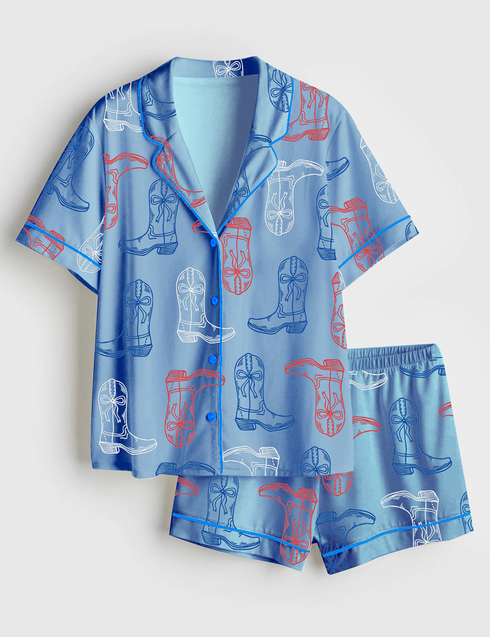 Women’s Red White Blue Cowgirl Boots Western 4th Of July Print Short Sleeve Satin Pajama Set