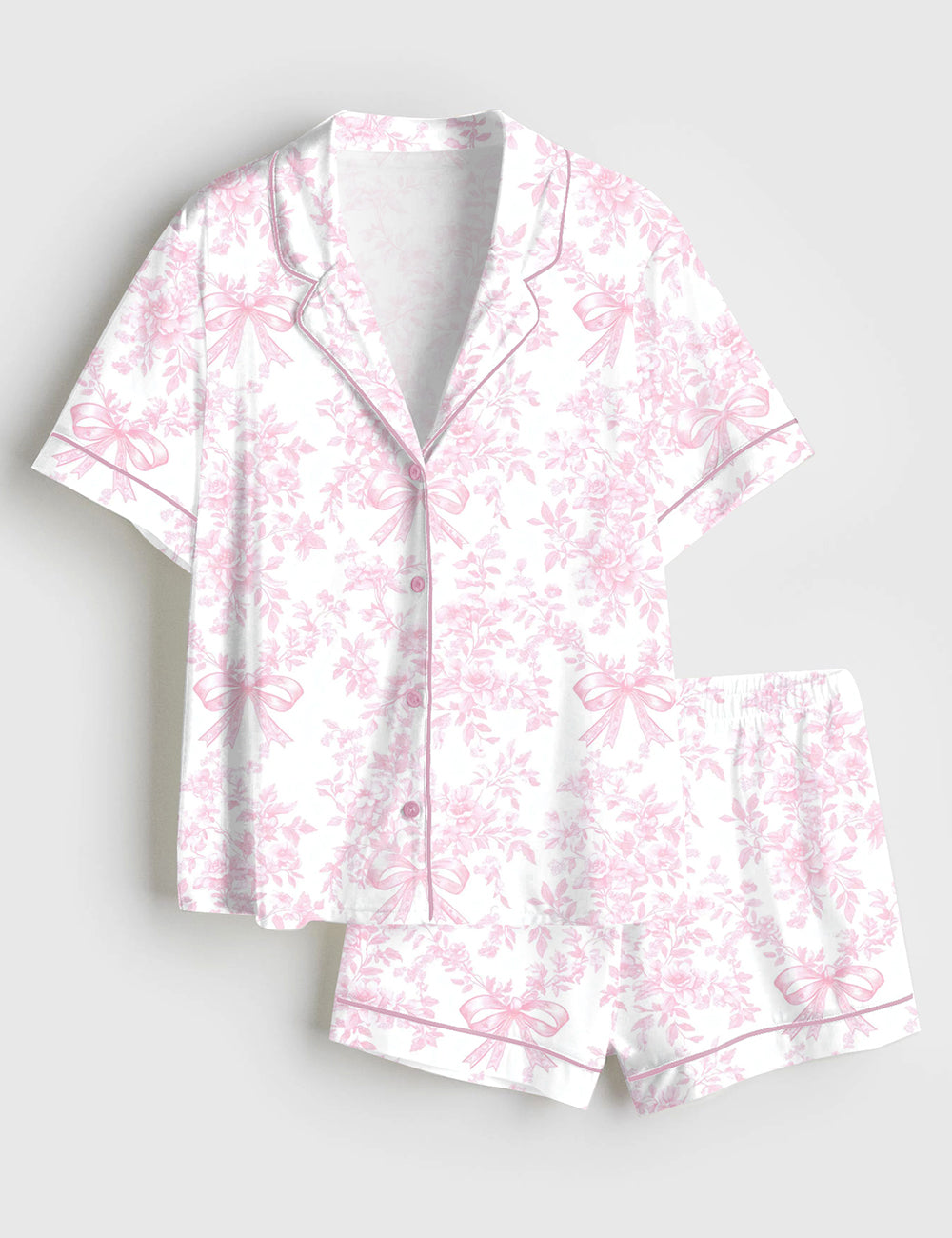 Women’s Pink Toile De Jouy Coquette Vintage Bow Floral Short Sleeve Satin Pajama Set
