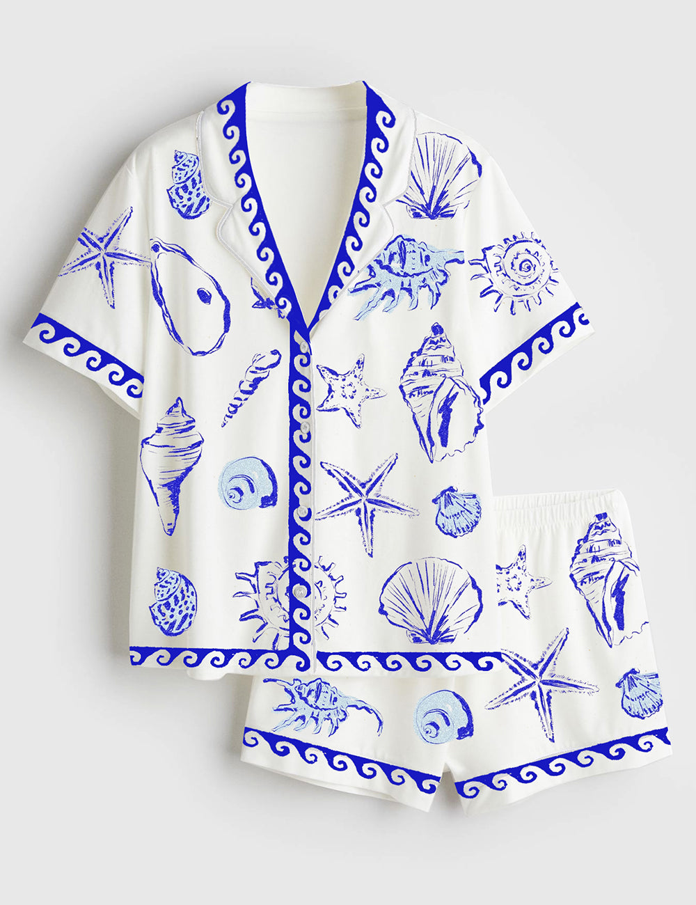 Women’s Sea Summer Seashell Coastal Summer Beach Short Sleeve Satin Pajama Set