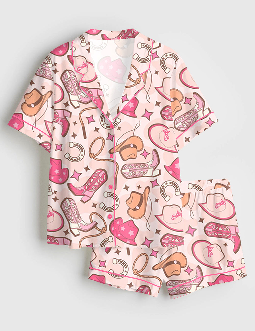 Women's Western Cowboys Pink Short Sleeve Satin Pajama Set