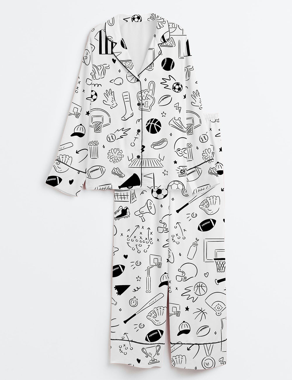 Women’s Hand Drawn Sport Football Basketball Baseball Soccer Doodles Long Sleeve Satin Pajama Set