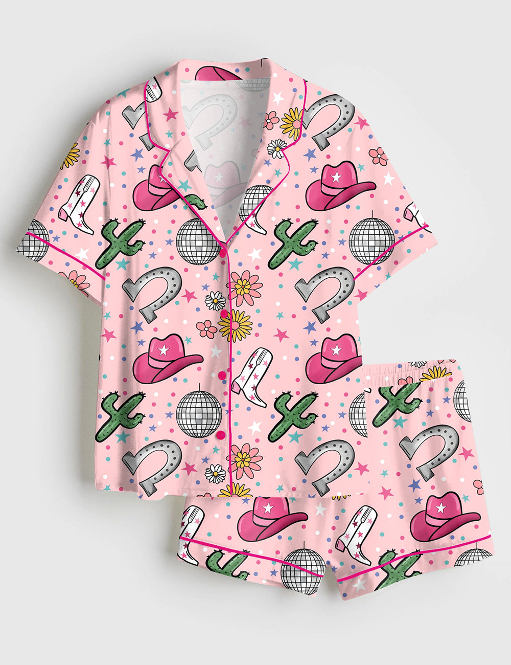 Women’s Pink Western Disco Cowgirl Short Sleeve Satin Pajama Set