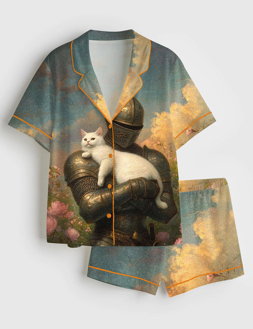 Women’s Knight And Cat Short Sleeve Satin Pajama Set