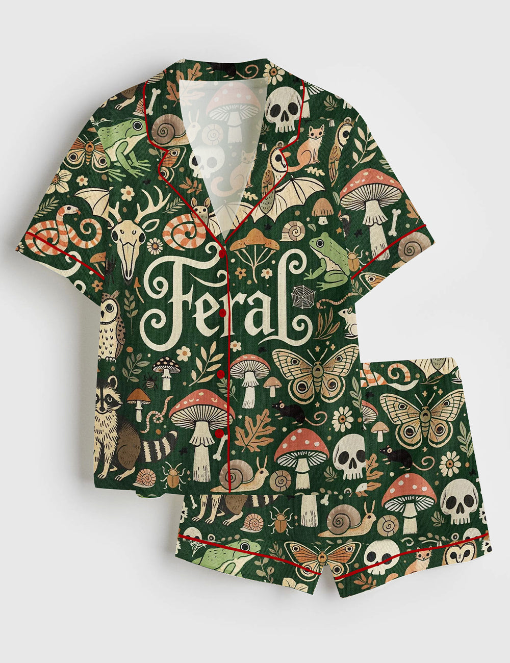 Women’s Feral Goblincore Cute Skeleton Moss & Raccoon Nature Lover Short Sleeve Satin Pajama Set