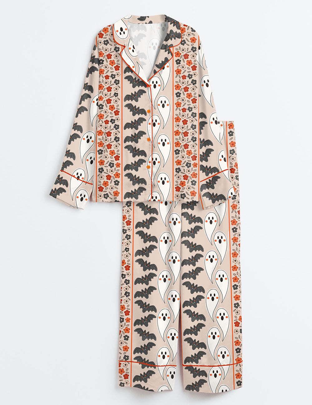 Women’s Halloween Ghost Floral Halloween Bat Long Sleeve Satin Pajama Set