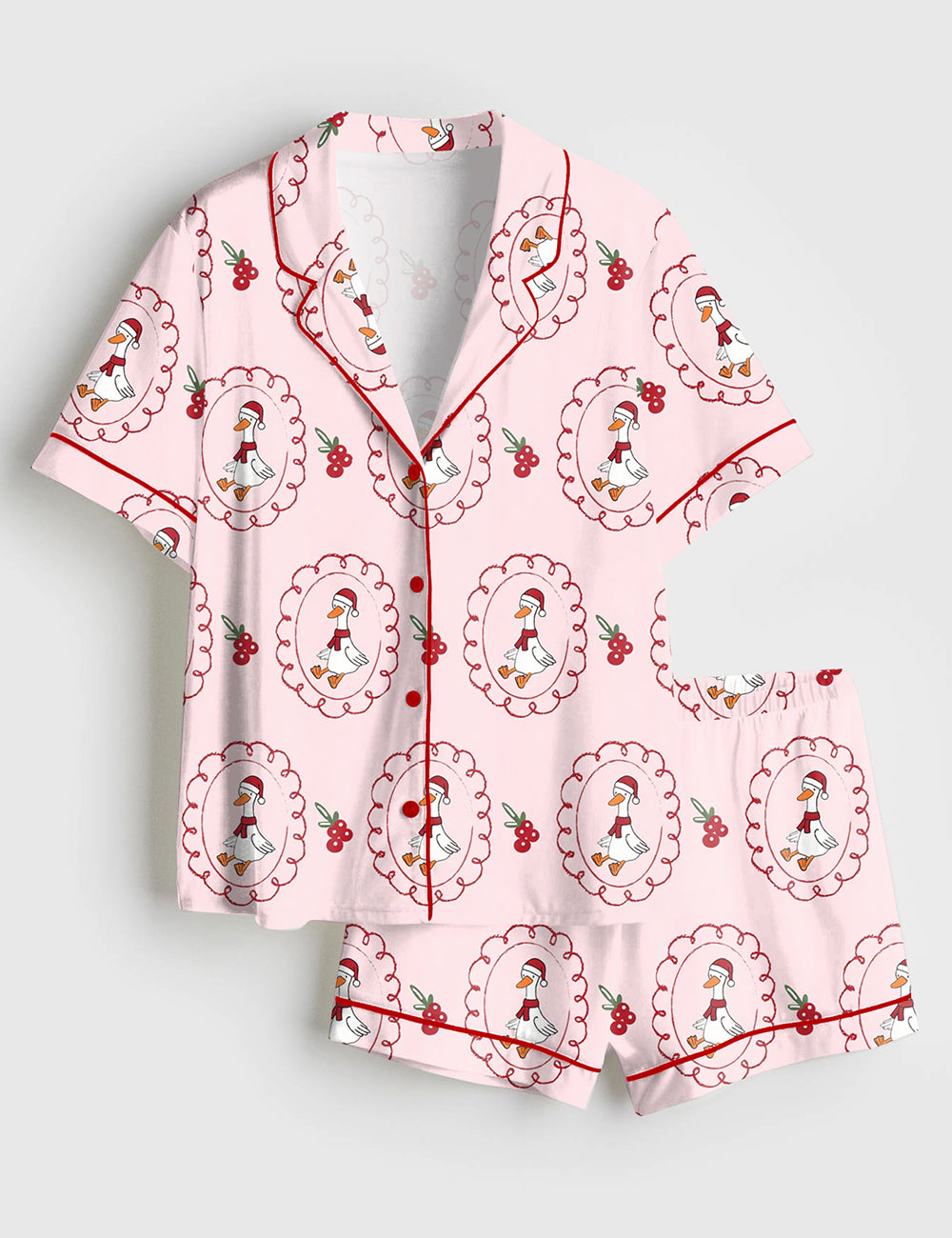 Women’s Just A Christmas Silly Goose Holiday Festive Celebration Christmas Goose Print Short Sleeve Satin Pajama Set