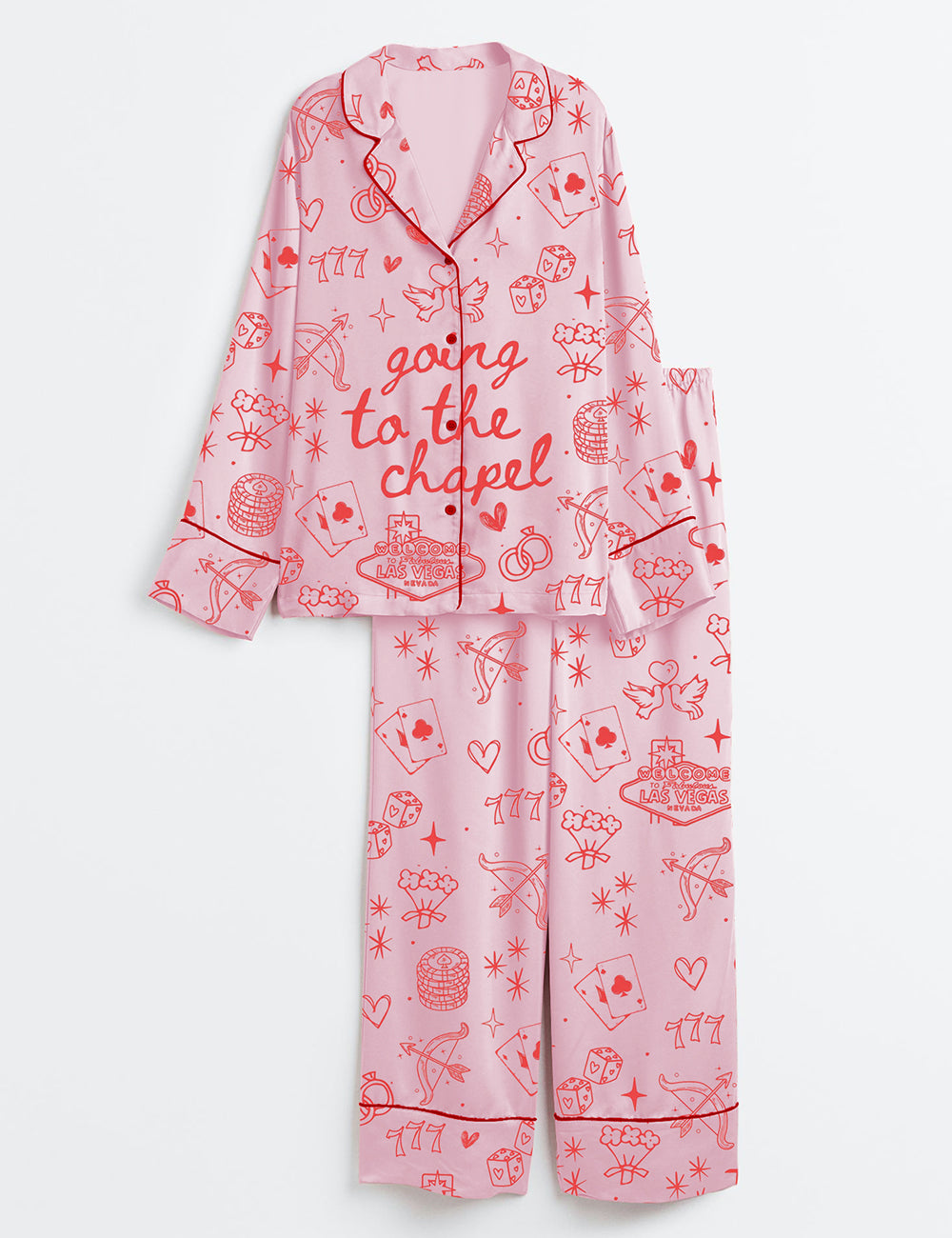 Women’s Going To The Chapel Las Vegas Theme Coquette Bachelorette Bride Just Engaged Print Long Sleeve Satin Pajama Set