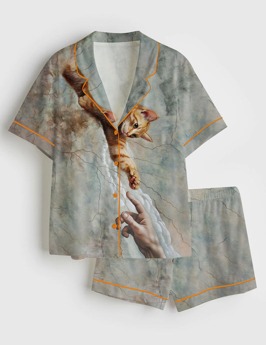 Women’s Cat Touching Human Finger Short Sleeve Satin Pajama Set
