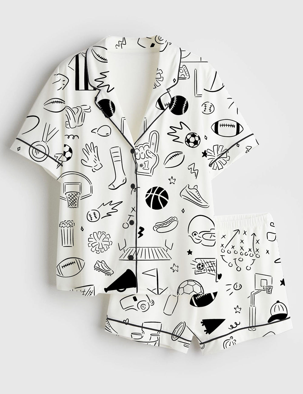 Women’s Hand Drawn Sport Football Basketball Baseball Soccer Doodles Short Sleeve Satin Pajama Set