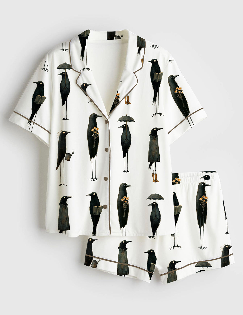 Women’s Whimsical Crows Quirky Black Raven Birding F-Caw-F Short Sleeve Satin Pajama Set