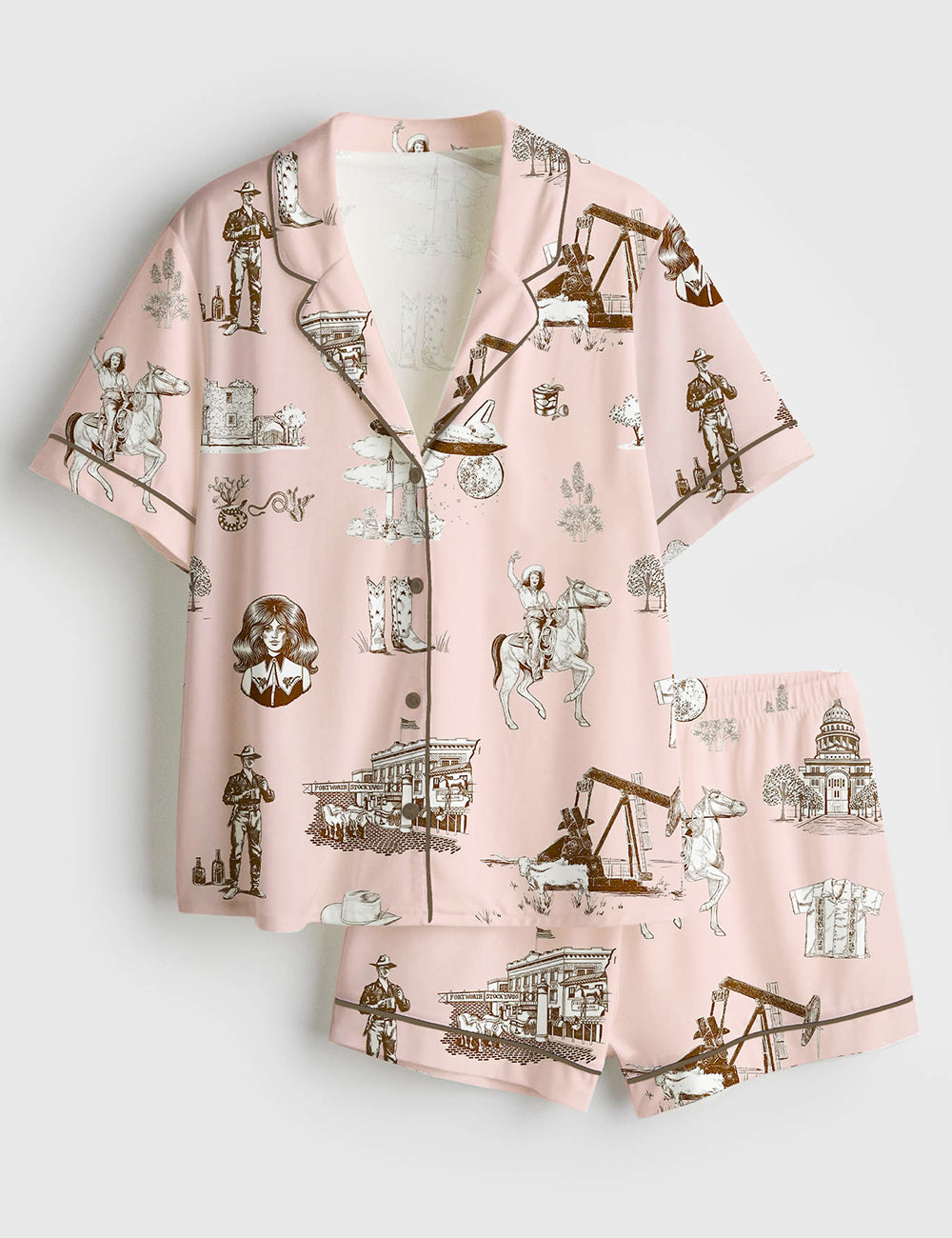 Women’s Watercolor Western Texas Horse Ranch Cowboy Print Western Cowgirl Texas Travel Print Short Sleeve Satin Pajama Set