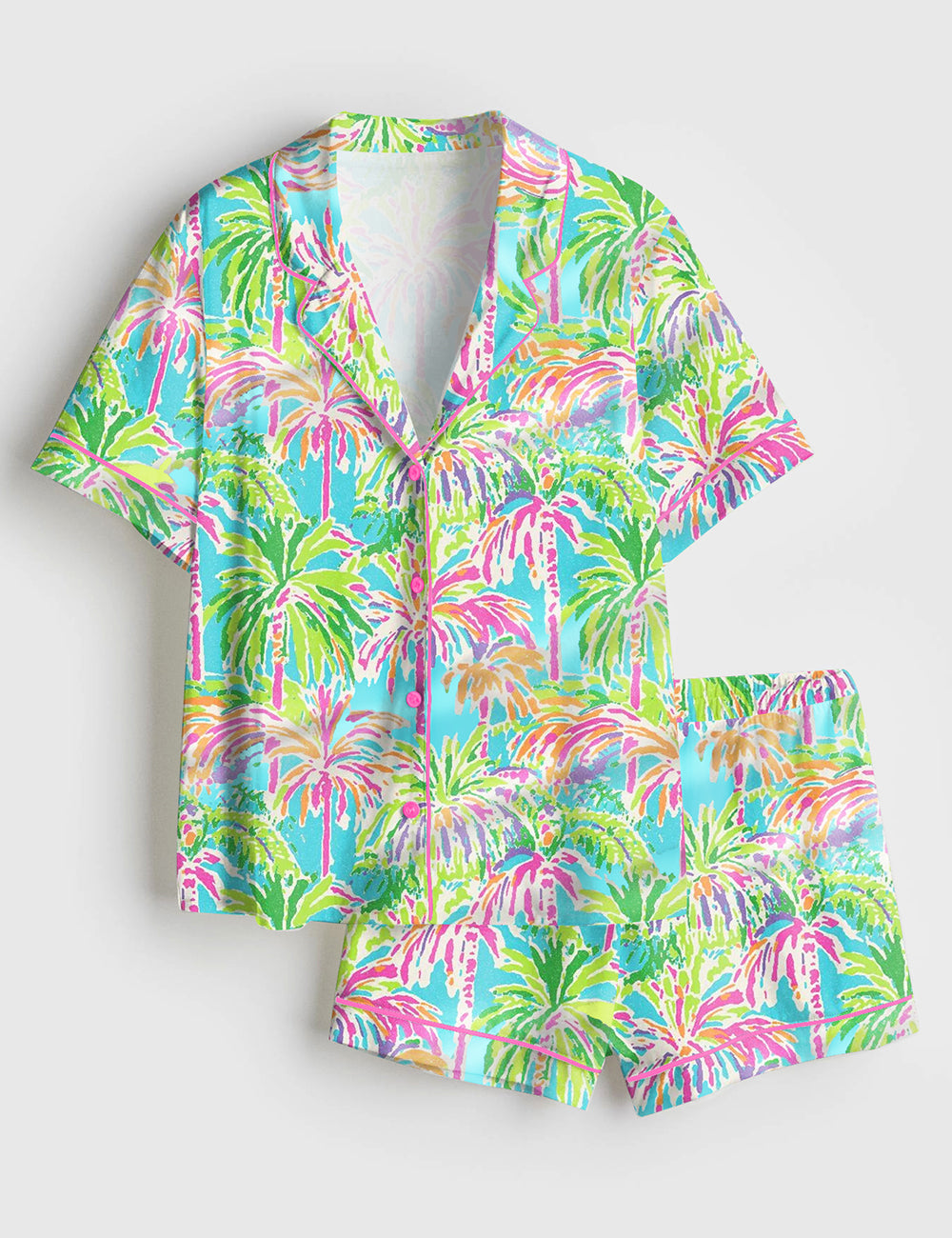 Women’s Preppy Palm Tree Tropical Bright Island Beach Short Sleeve Satin Pajama Set